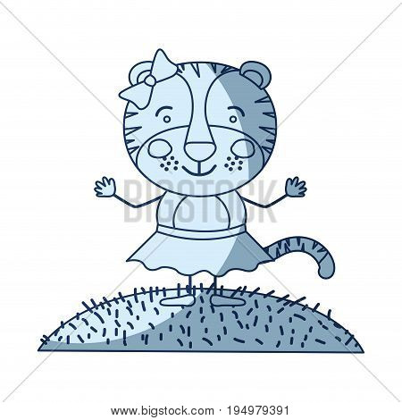 blue color shading silhouette scene sky landscape and grass with caricature cute expression female tigress in skirt with bow lace vector illustration