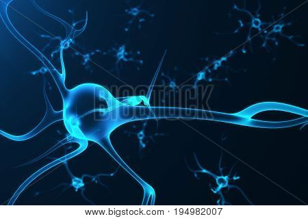 Conceptual illustration of neuron cells with glowing link knots. Synapse and Neuron cells sending electrical chemical signals. Neuron of Interconnected neurons with electrical pulses. 3D rendering