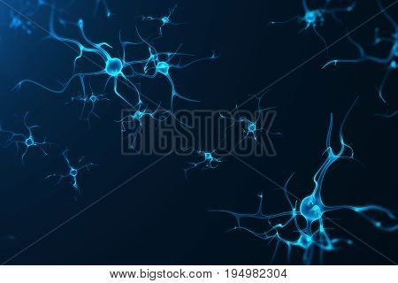 Conceptual illustration of neuron cells with glowing link knots. Synapse and Neuron cells sending electrical chemical signals. Neuron of Interconnected neurons with electrical pulses. 3D rendering