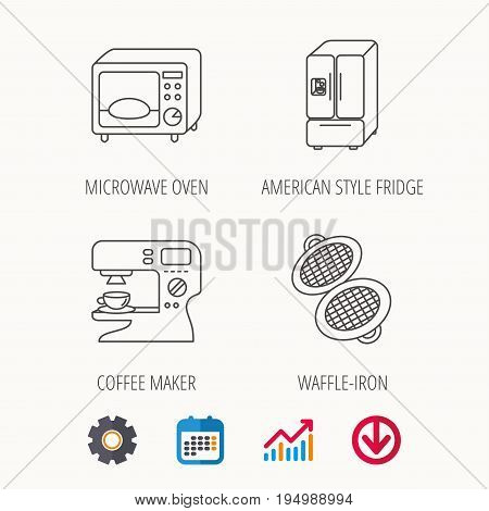 Microwave oven, waffle-iron and American style fridge icons. Coffee maker linear sign. Calendar, Graph chart and Cogwheel signs. Download colored web icon. Vector