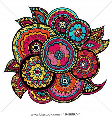 Ethnic mehndi ornament. Indian style. Beautiful doodle art floral composition. Doodle floral drawing. Zentangle floral ornament