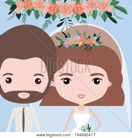 color background with half body couple of just married bearded man and woman with short wavy hair vector illustration