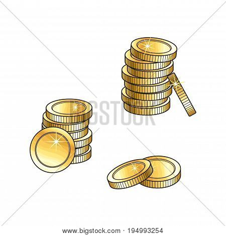 Two stacks of shiny gold coins, tall and short, money symbol, sketch vector illustration isolated on white background. Realistic hand drawing of golden coins, money symbol, sign, element