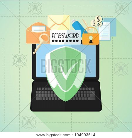 Data protection. Antivirus. Internet security. Laptop, mail, passwords, keys, flash card under the shield in a flat style