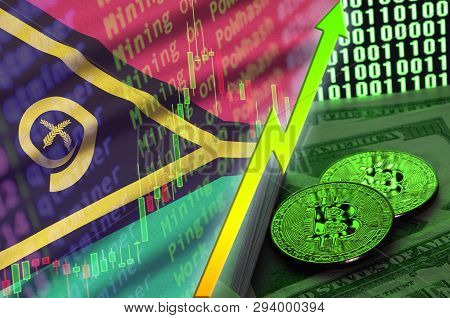 Vanuatu Flag And Cryptocurrency Growing Trend With Two Bitcoins On Dollar Bills And Binary Code Disp