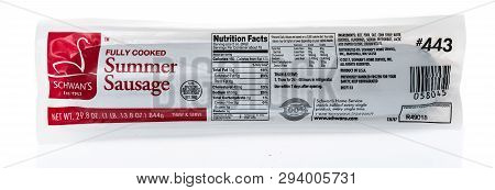 Winneconne, Wi -  2 April 2019: A Package Of Schwans Fully Cooked Summer Sausage On An Isolated Back
