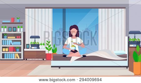 Happpy Woman Sitting On Bed Girl Eating Fresh Fruit Salad Modern Apartment Bedroom Interior Home Ele