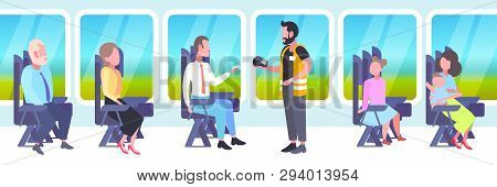 Inspector Man Selling Tickets To Passengers Sitting In Train Compartment During Vacation Trip Ticket