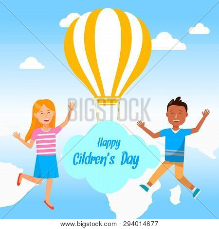 Happy Childrens Day Square Banner. Cheerful Little Boy And Girl With Hands Up Fly On Blue Cloudy Sky