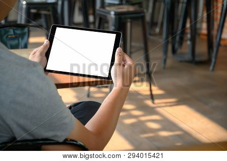 Businessman Hand Working On Tablet On Wooden Desk Tablet With Blank Screen Mockup Digital Tablet Com