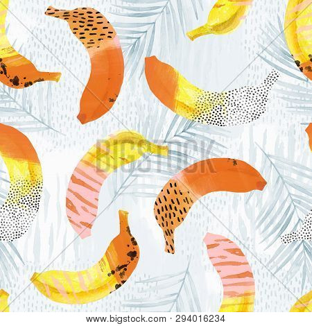 Fun Bananas And Palm Leaves Print In 80s 90s Pop Art Style. Trendy Seamless Pattern Of Tropical Frui