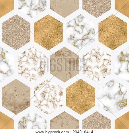 Hexagon Seamless Pattern With Digital Marble Paper, Shiny Gold Foil, Silver Glitter Texture. Geometr