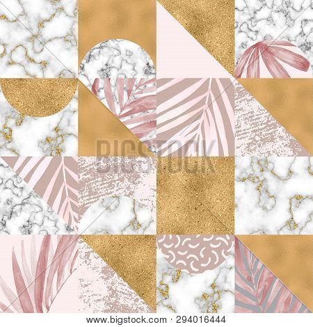 Geometric Seamless Pattern: Watercolor Tropic Leaves, Digital Marble Paper, Gold Foil, Pastel Grunge