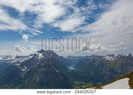 Swiss Glaernisch, Vrenelisgaertli And Kloentalersee, Cloudy Blue Sky