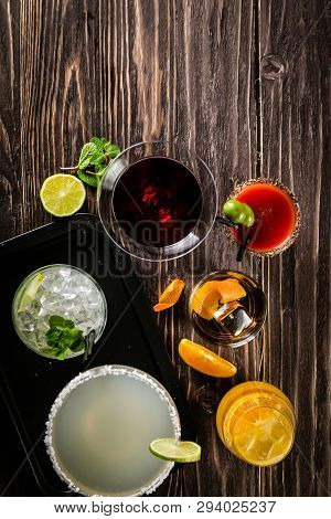 Selection Of Classic Cocktails - Cosmopolitan, Mojito, Bloody Mary, Old Fashioned, Margarita, Aperol