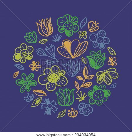 Circle Concept With Flowers In Doodle Style. Blue Floral Background. Cute Hand-drawn Vector Illustra