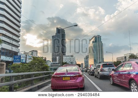 Cars On Busy Road In The City With Traffic Jam