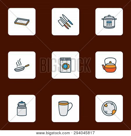 Culinary Icons Colored Line Set With Baking Sheet, Washing Machine, Dirty Plate And Other Cup Elemen