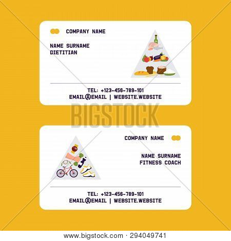 Dietitian, Fitness Coach Set Of Business Cards Vector Illustration. Obesity Cincept. Healthy Diet Nu