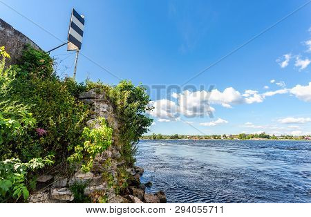 Medieval Oreshek Fortress On The Orechovyi Island In Shlisselburg, Russia. Сoastline With Trees, Bou