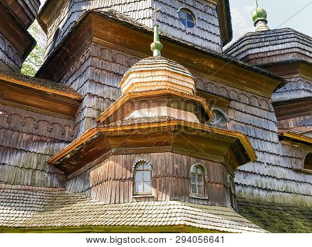 Ancient Wooden St. George's Church, Facade Fragment. Drohobych, Ukraine