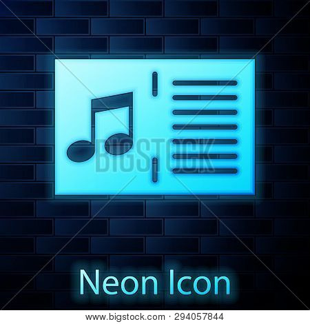 Glowing Neon Music Book With Note Icon Isolated On Brick Wall Background. Music Sheet With Note Stav