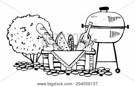 Grill And Picnic Basket With Food On The Ground With Bush On The Background. Outline Vector Sketch I