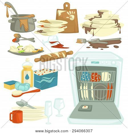 Dirty And Clean Dishes Dishwasher And Food Remains Detergent
