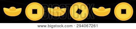 Chinese Gold Ingot Coin Line Set. China Money Square Centre. Happy New Year Symbol Atribute. Golden 