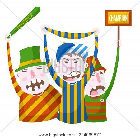 Sport Fans In Striped Clothing With Bat Scarf And Signboard