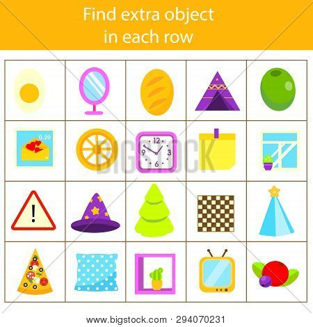 Educational Children Game. Logic Game. What Does Not Fit Type. Find Odd One, Extra Object Fun Page F