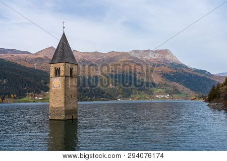 Church In The Water At Lake Reschen In Tyrol In North Italy