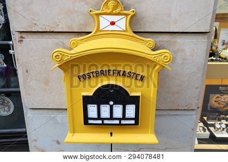 Dresden, Germany - May 10, 2018: Deutsche Post (german Post) Mailbox In Dresden. Deutsche Post Deliv