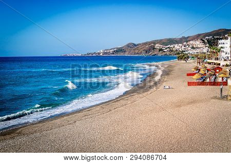Beautiful Panorama View From Balkon De Europa. Cliff And Landmark In Nerja, Costa Del Sol, Southern 