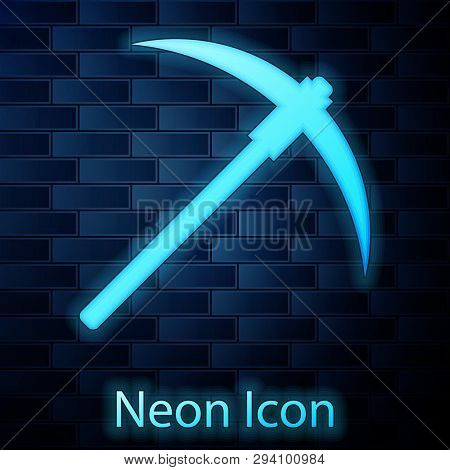 Glowing Neon Pickaxe Icon Isolated On Brick Wall Background. Blockchain Technology, Cryptocurrency M