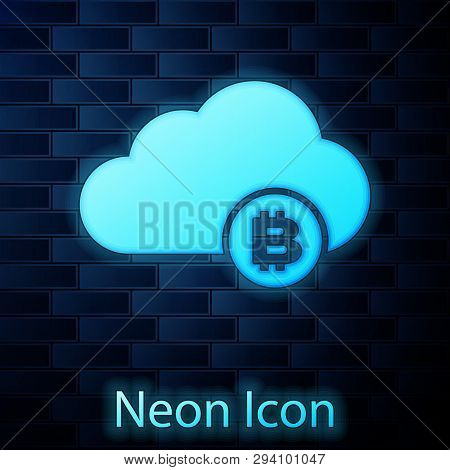 Glowing Neon Cryptocurrency Cloud Mining Icon Isolated On Brick Wall Background. Blockchain Technolo