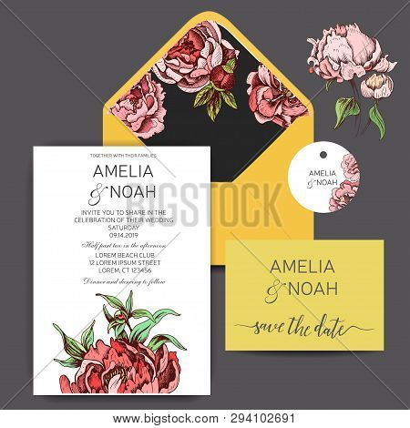 Hand Drawn Sketch Wedding Illustration Peony Flowers. Vector Templete Save The Date.