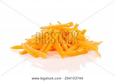 Lot Of Pieces Of Peeled Fresh Orange Carrot Cut Into Thin Noodles Isolated On White Background