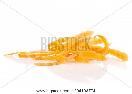 Lot Of Peel Pieces Of Fresh Orange Carrot Isolated On White Background