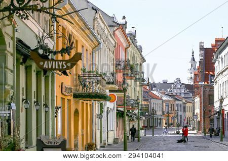 Kaunas, Lithuania - April 3, 2019: View Of Vilnius Street In Kaunas Old Town.  Pedestrian Street In 
