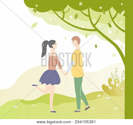 People In Love Under Green Tree. Vector Dating Teenagers, Girl In Short Skirt, Boy In Yellow Sweater