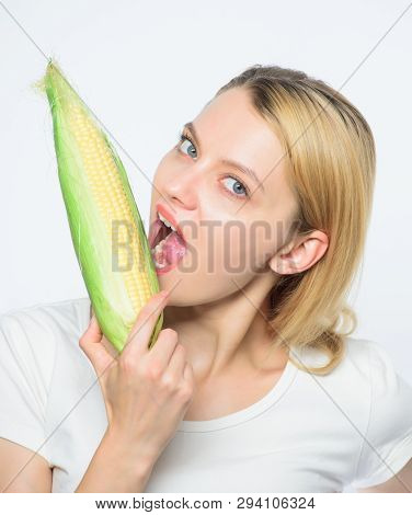 Agriculture And Cultivation. Happy Woman Eating Corn. Vegetable Harvest. Corn Crop. Vitamin And Diet