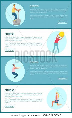 Sport And Fitness Trainings Tips Online Web Page Vector. Exercise Bike And Bending Over With Ball, S