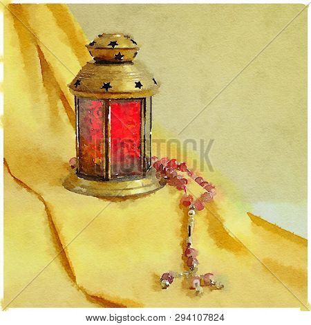 Ramadan lamp and rosary still life in water color. Ramadan art and drawing  greeting card cover.