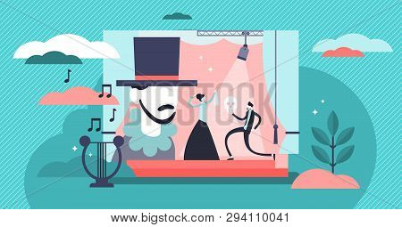 Theater Vector Illustration. Flat Tiny Stage Performance Persons Concept. Opera, Circus Or Musical E