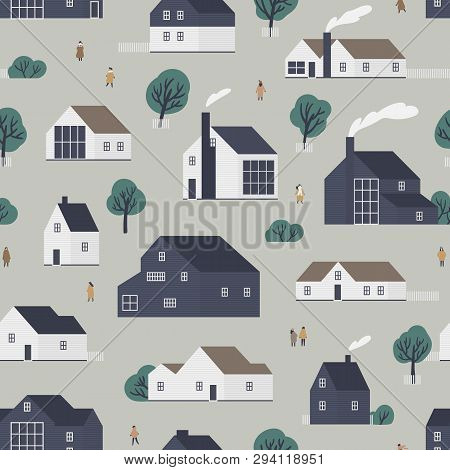 Seamless Pattern With Residential Houses Or Village Cottages In Scandic Style And Walking People. Ba