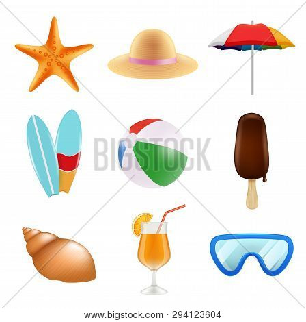 Summer Odjects Isolate. Realistic Icons Of Summer Time. Summer Travel, Ball And Ice Cream Illustrati