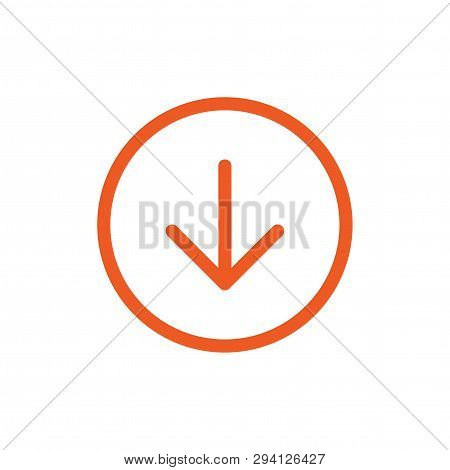 Red Thin Arrow Down Icon. Flat Download Sign Isolated On White. Point