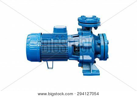 High Pressure Centrifugal Blue Pump Include Motor Isolated On White Background With Clipping Path