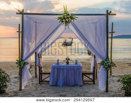 February 2019. Railay Beach Krabi Thailand. A View Of A Dressed Wedding Table At Railay Beach In Kra